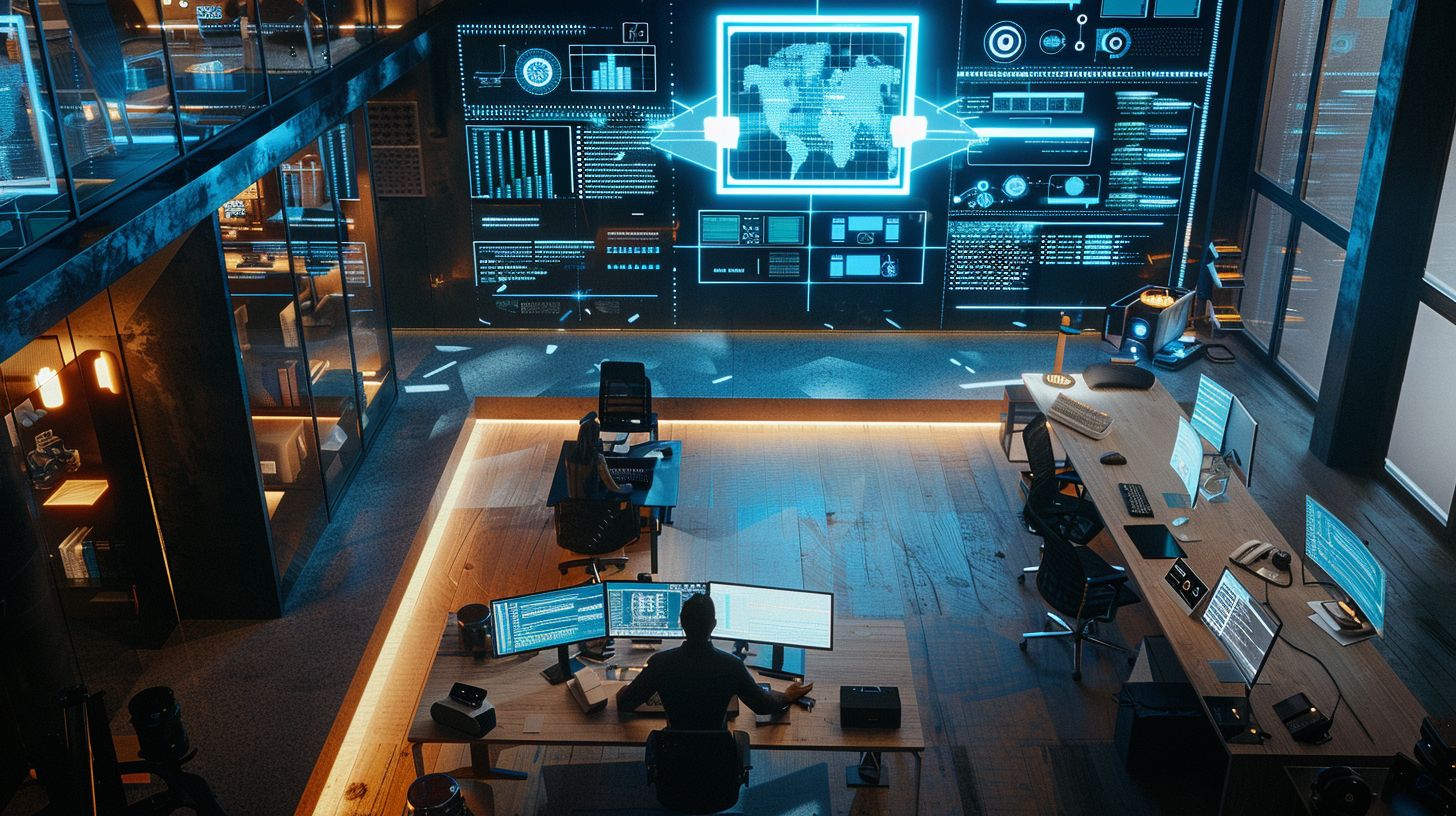 An office with AI algorithms analyzing aerial photography data captured with a drone.