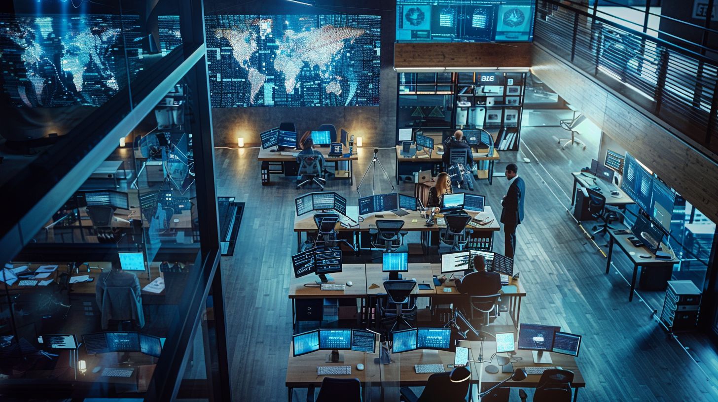 An office with AI algorithms analyzing aerial photography data captured with a drone.