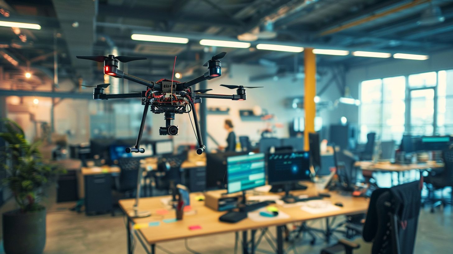 An office with AI algorithms analyzing aerial photography data captured with a drone.