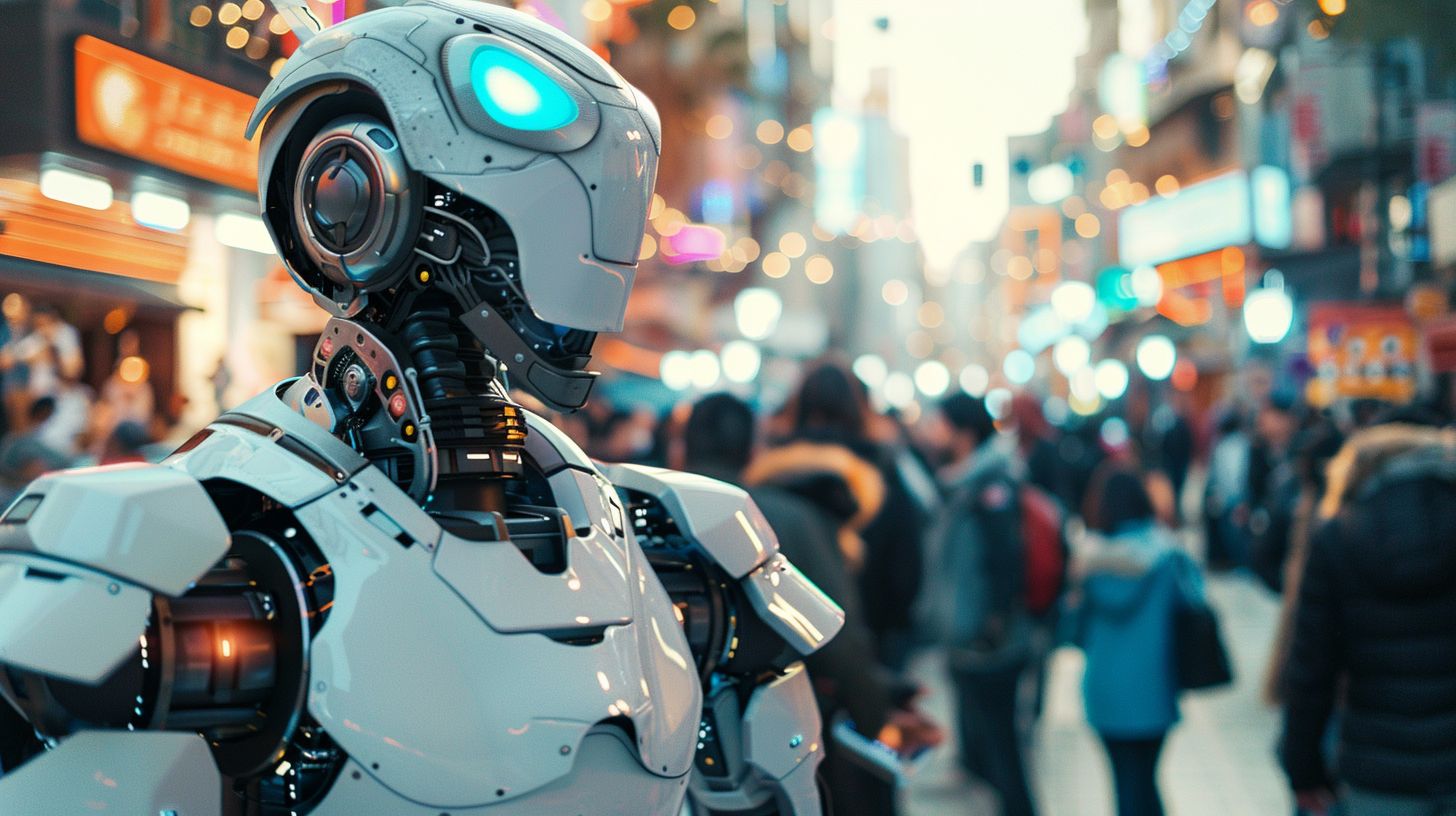 A futuristic AI-powered robot interacting with a diverse group in a city.