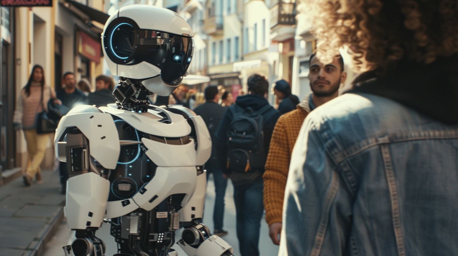 A futuristic AI-powered robot interacting with a diverse group in a city.