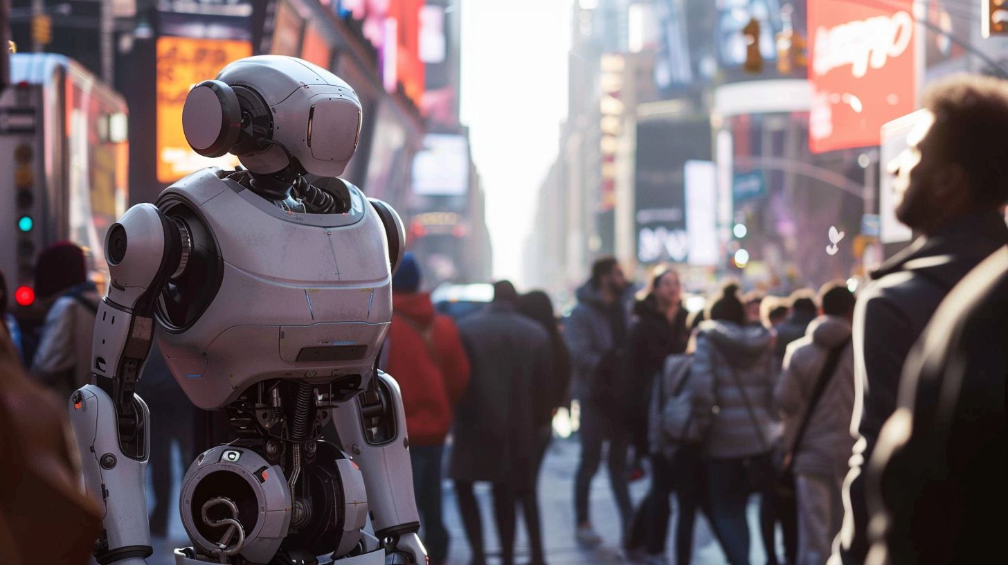 A futuristic AI-powered robot interacting with a diverse group in a city.