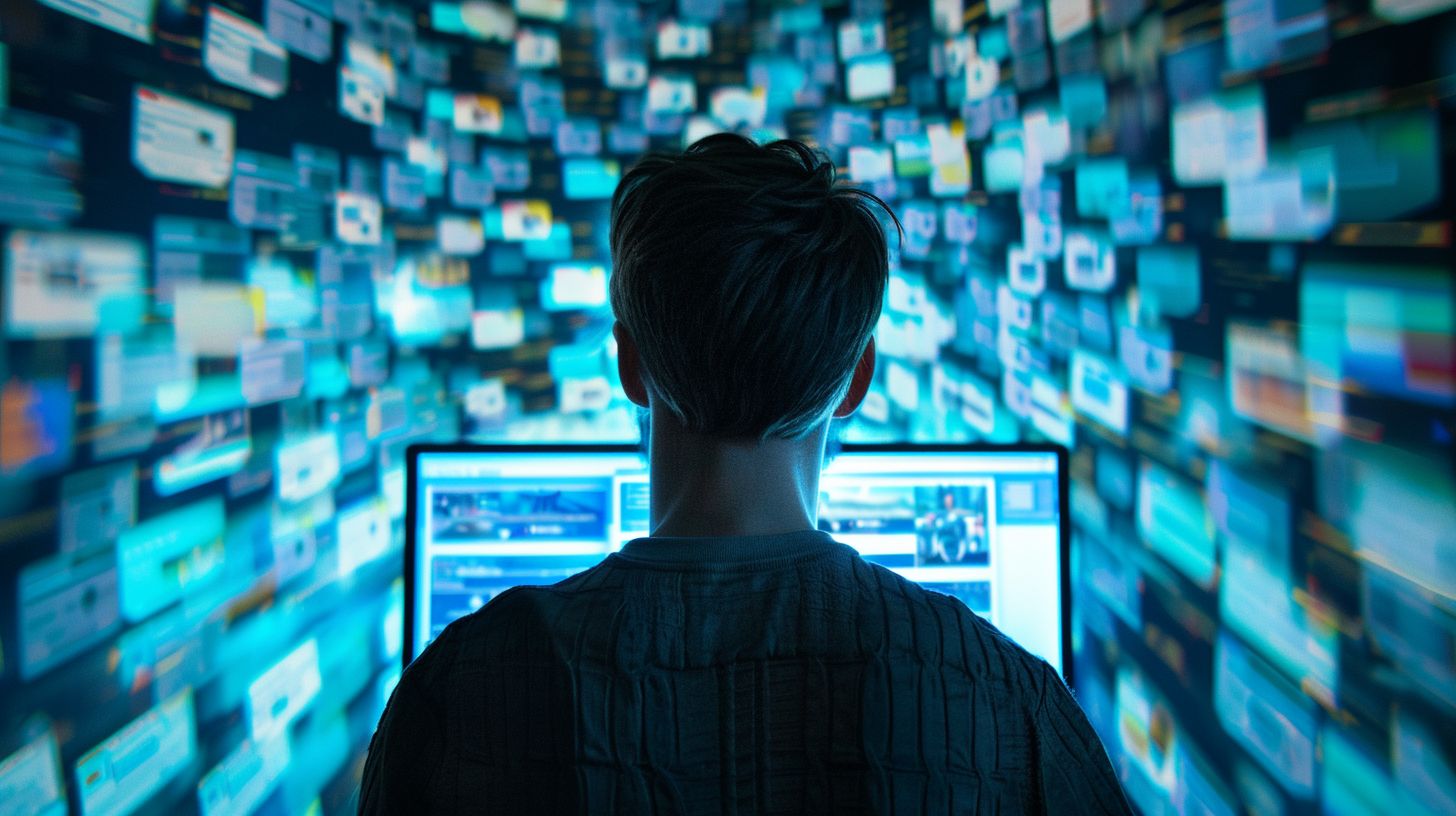 A person surrounded by computer search result pages, focused on the screen.