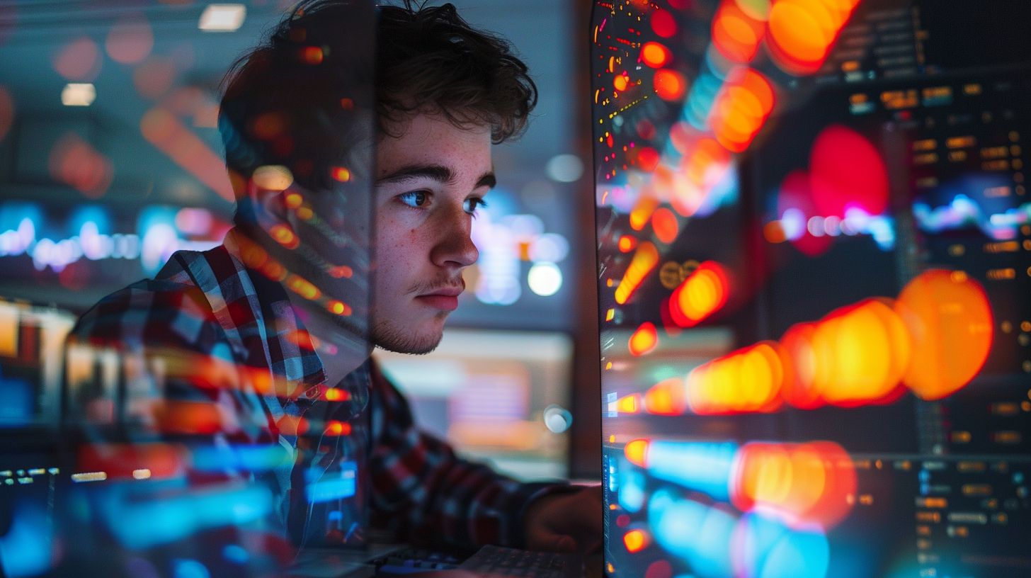 A web developer navigating a complex digital space captured in dusk.