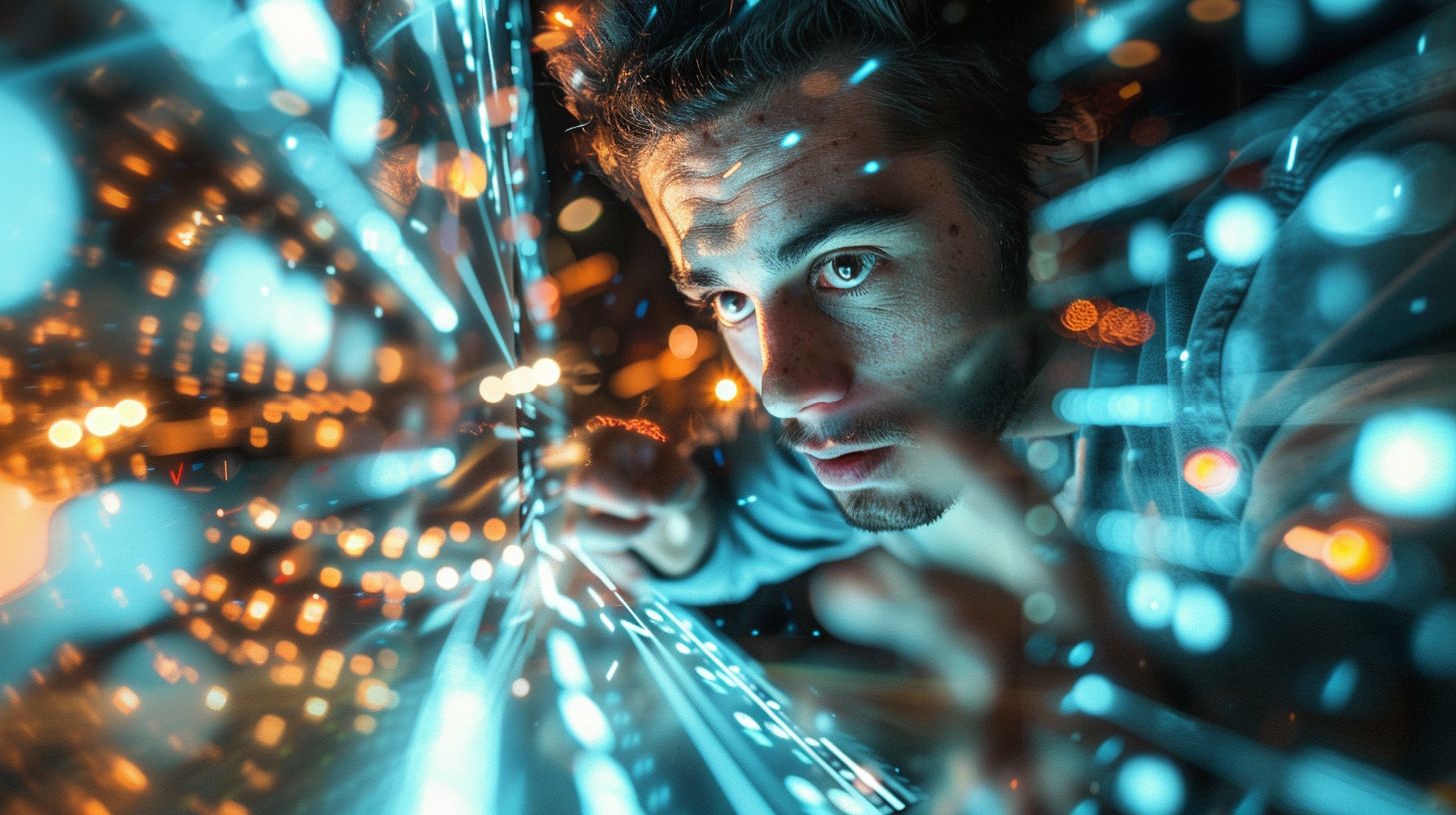 A web developer navigating a complex digital space captured in dusk.