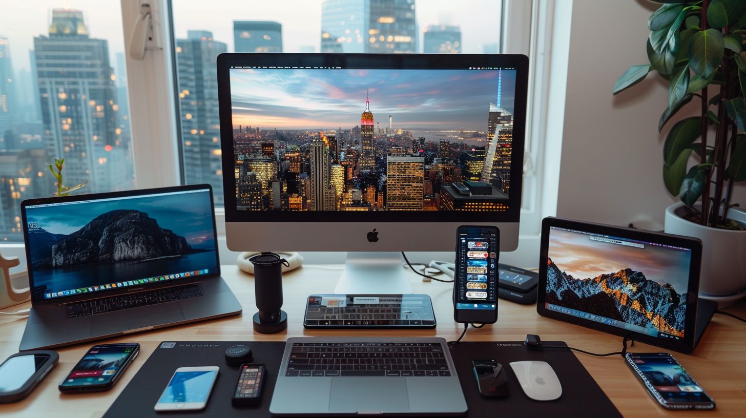 A desk with electronic devices and cityscape photography. A desk with electronic devices and cityscape photography.