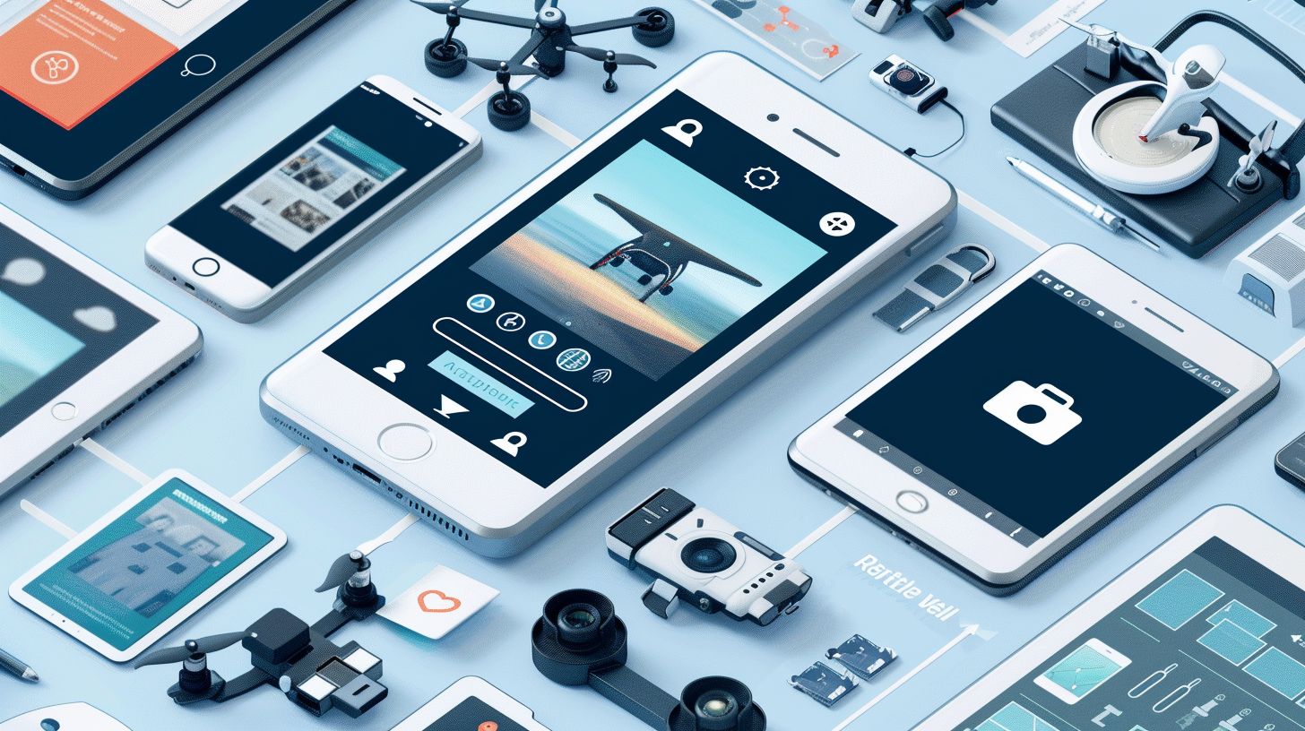 A mobile device displaying a responsive website design among digital devices. A mobile device displaying a responsive website design among digital devices.