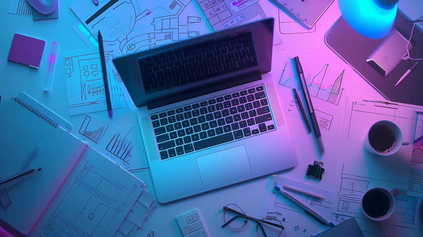 An open laptop surrounded by design tools and wireframes. An open laptop surrounded by design tools and wireframes.