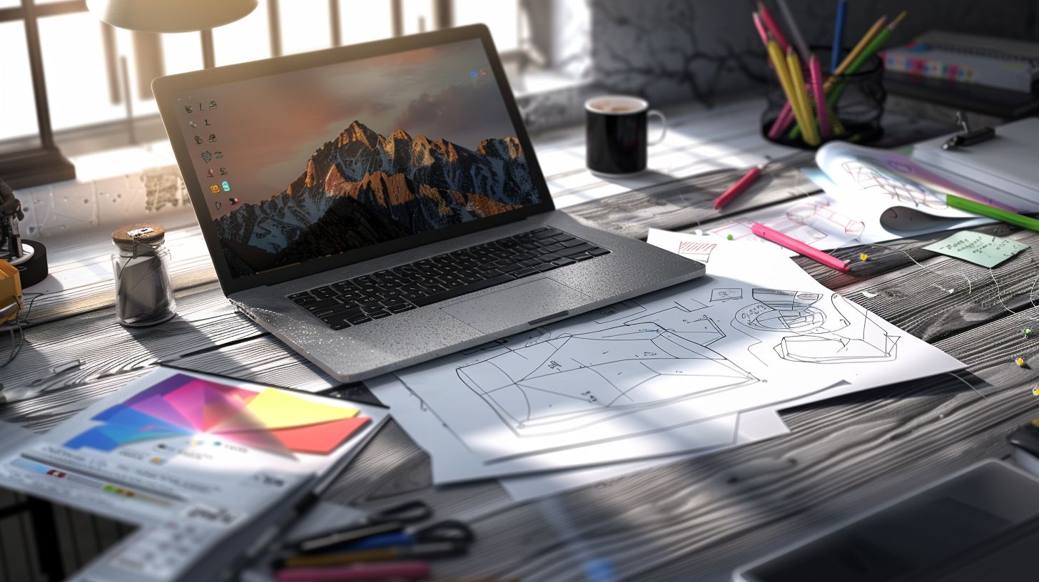 An open laptop surrounded by design tools and wireframes. An open laptop surrounded by design tools and wireframes.