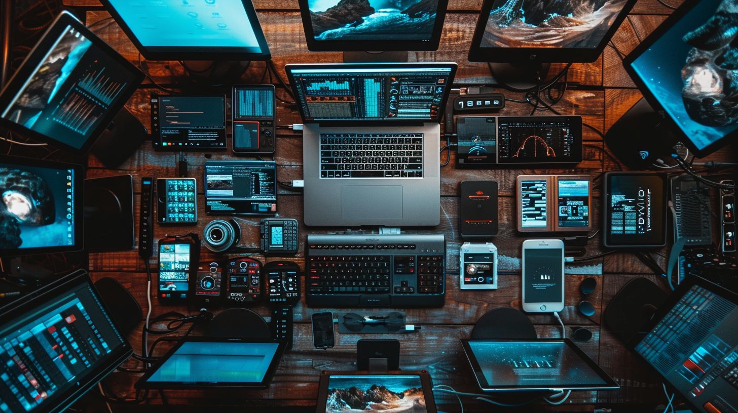 A drone captures a sleek laptop surrounded by devices and screens.