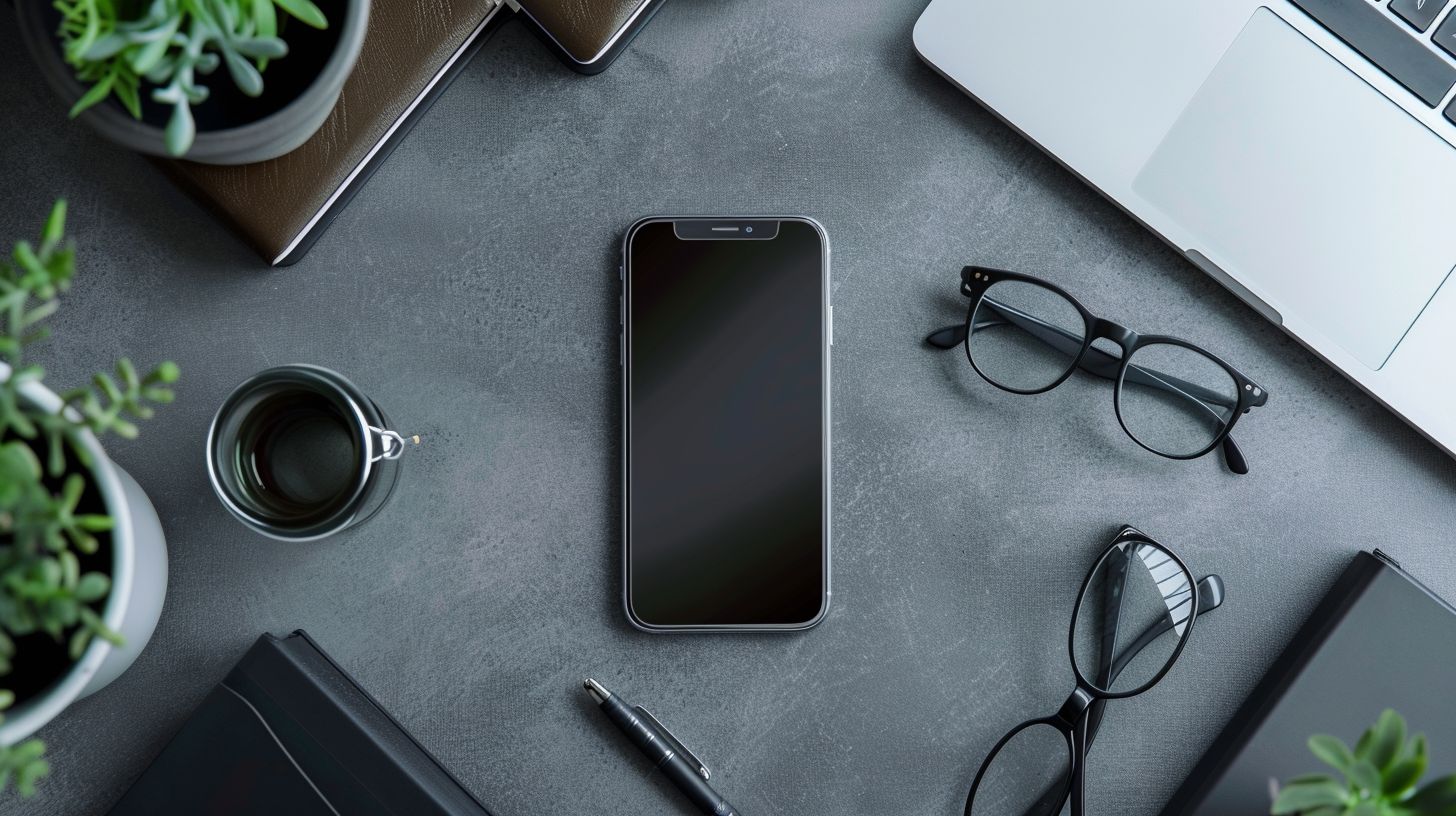 A modern smartphone on a minimalistic desk setup with macro details.