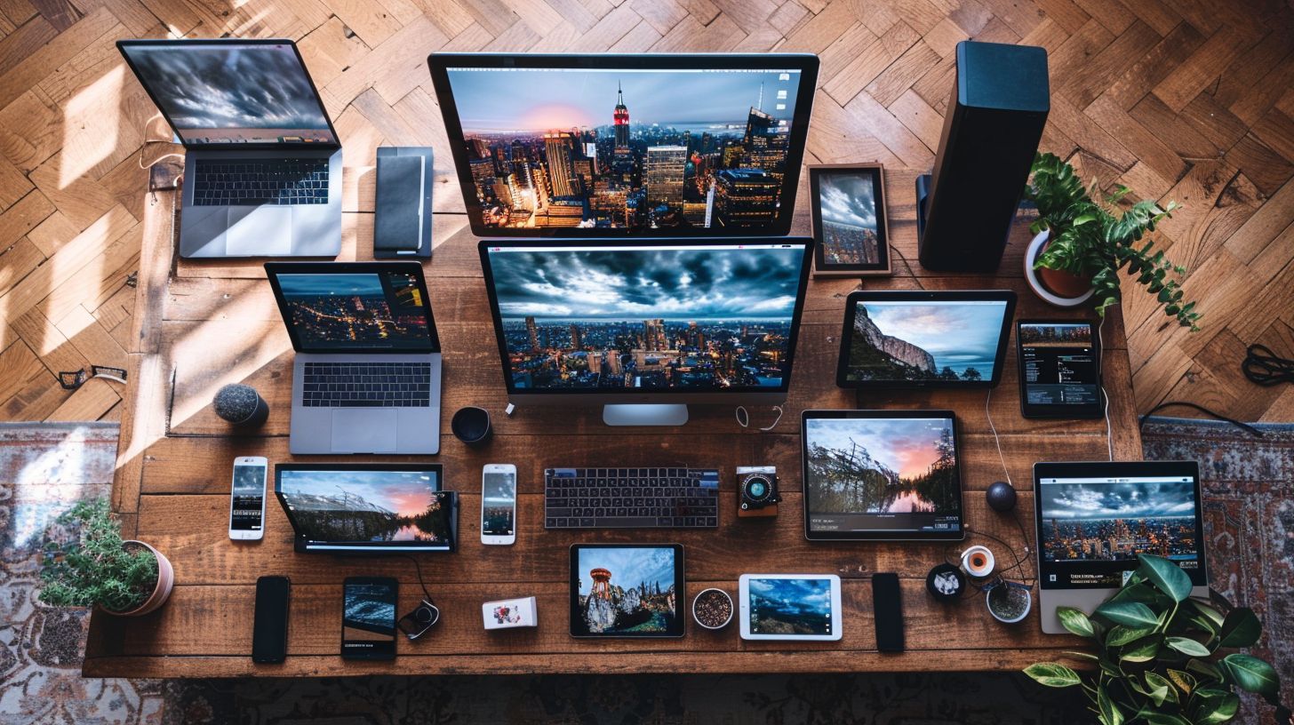 Aerial photo of a modern website displayed on multiple devices.
