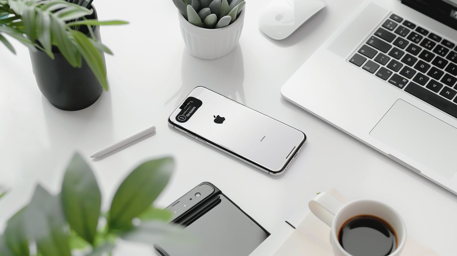 A modern smartphone and minimalist workspace photographed with a prime lens.