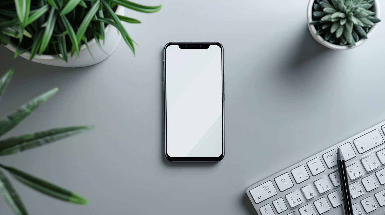 A modern smartphone and minimalist workspace photographed with a prime lens.