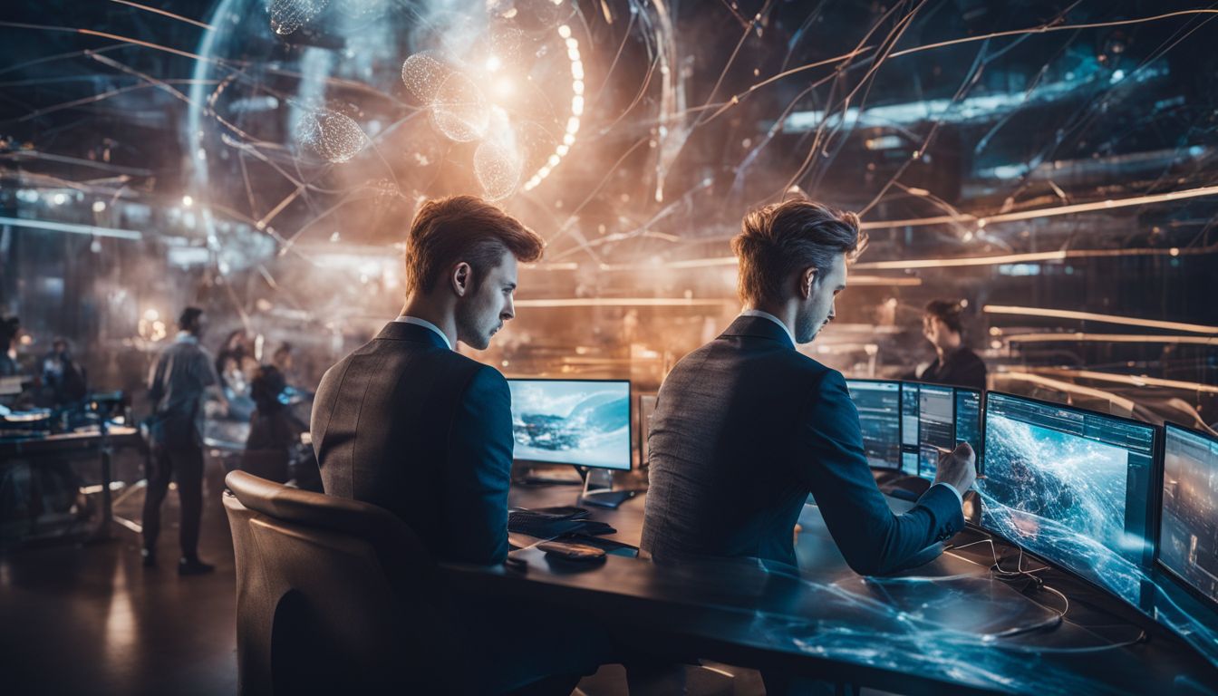 A secure digital network surrounded by futuristic technology with data flow.