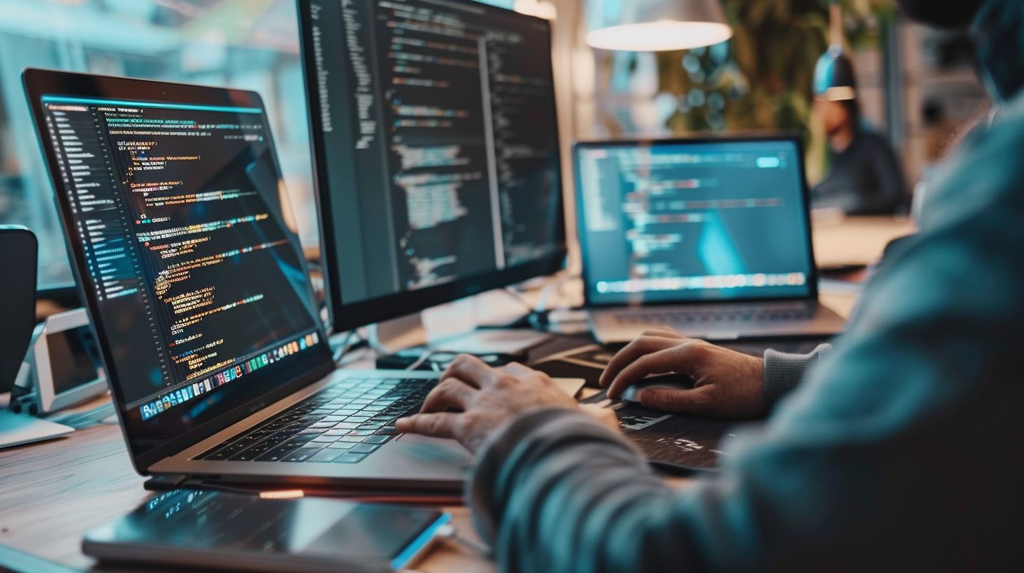 A web developer adjusts code on multiple devices while capturing tech environments.