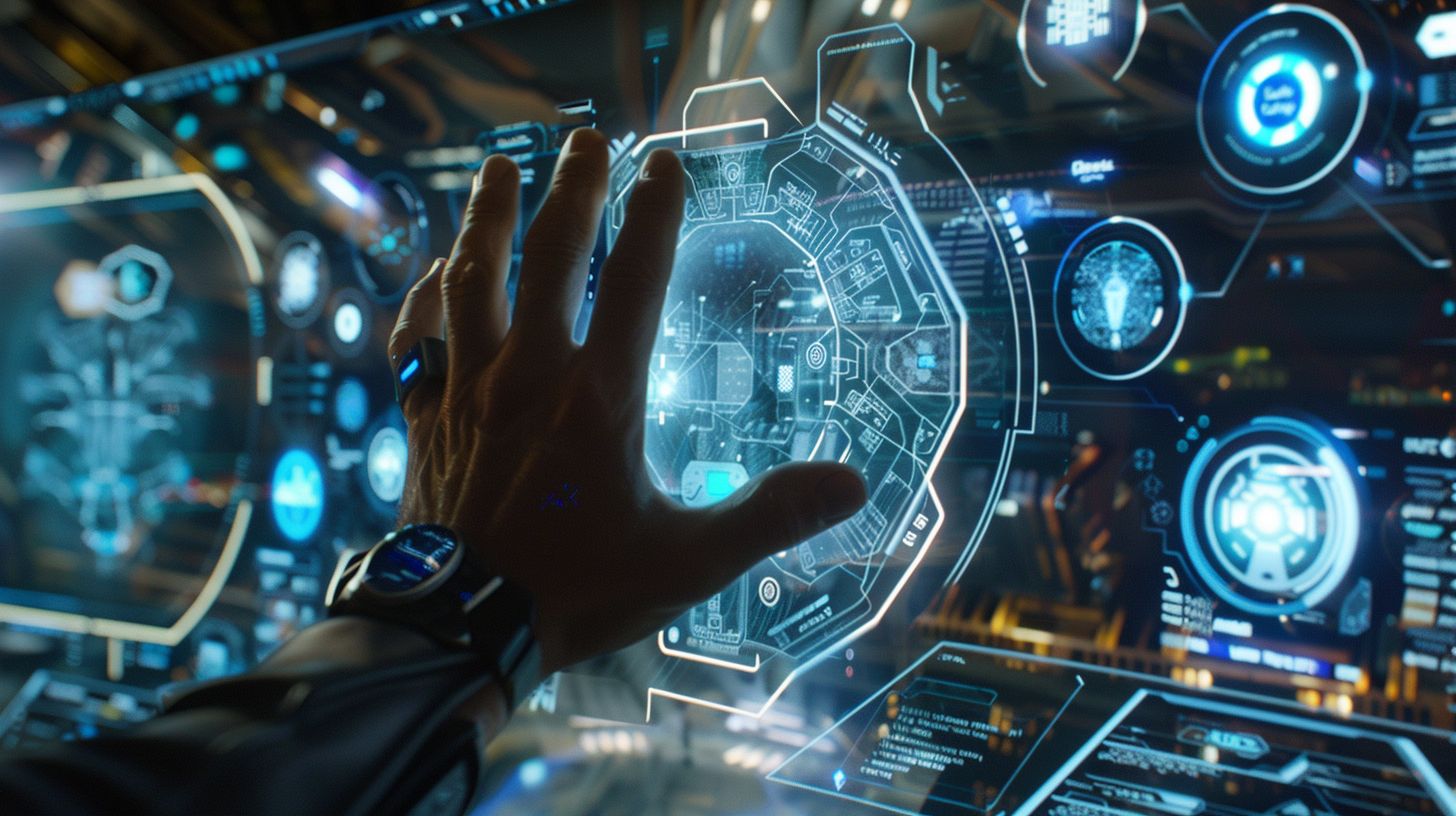 Futuristic holographic user interface in sleek minimalist environment.