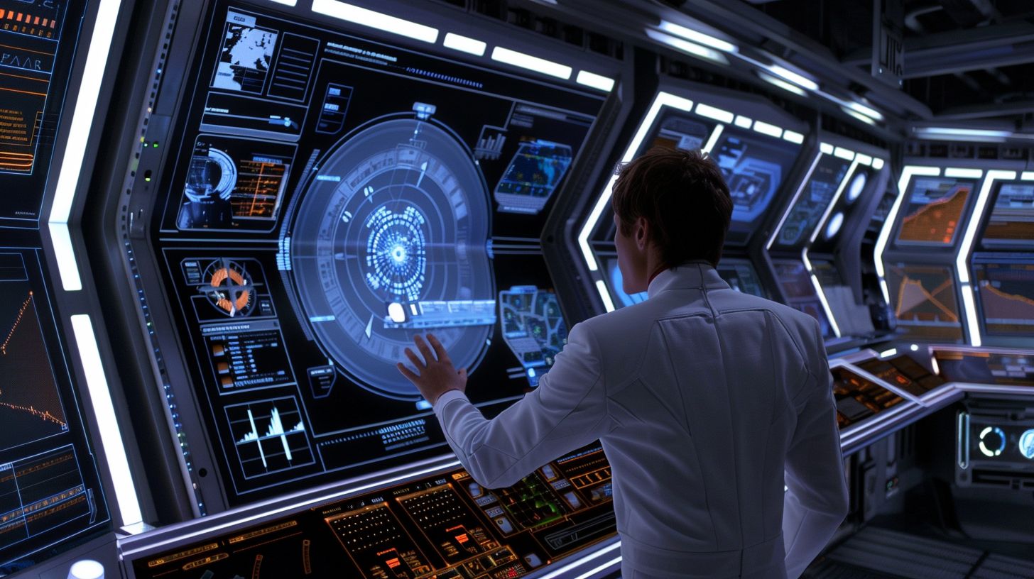 Futuristic holographic user interface in sleek minimalist environment.