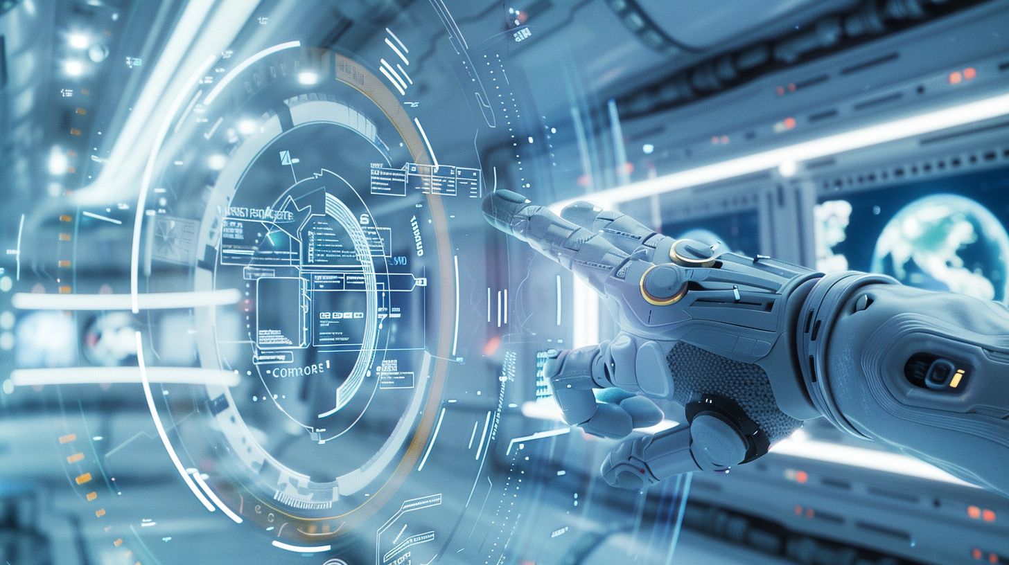 Futuristic holographic user interface in sleek minimalist environment.
