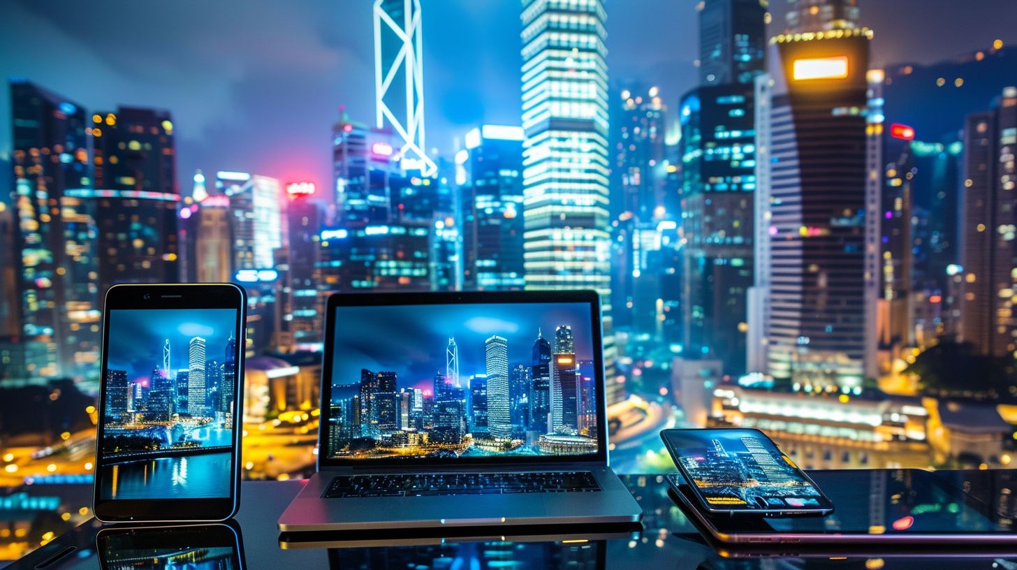 Electronic devices display high-quality cityscape photography captured with digital camera.