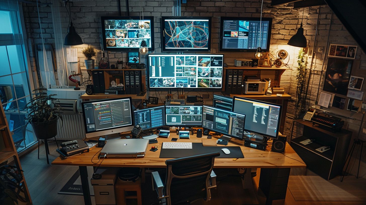 Modern office with high-tech devices and drone for aerial photography. Modern office with high-tech devices and drone for aerial photography.