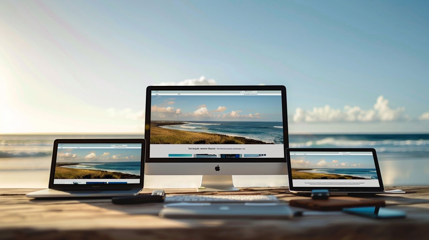 Seascape photography featuring a website displayed on various devices.