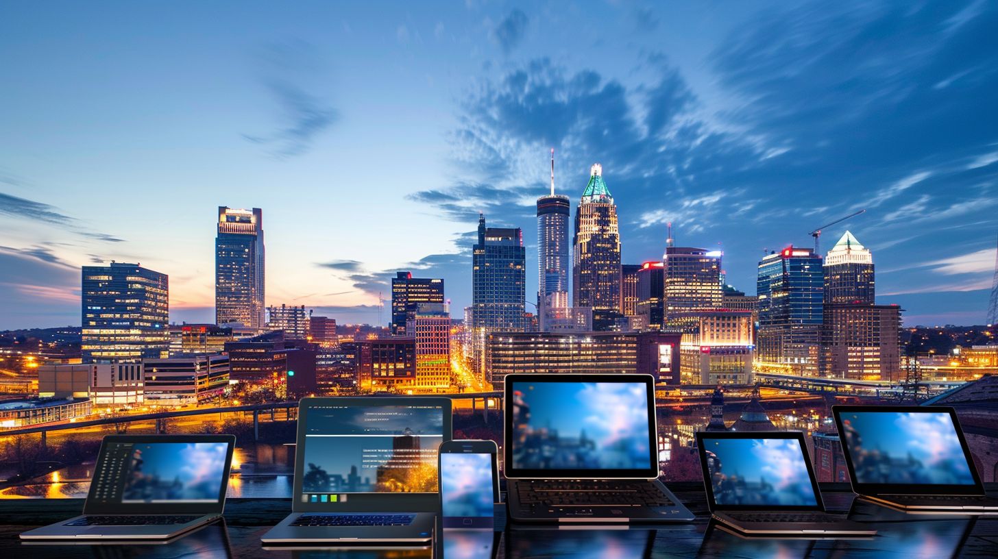 The city skyline is captured on electronic devices displaying a website. The city skyline is captured on electronic devices displaying a website.