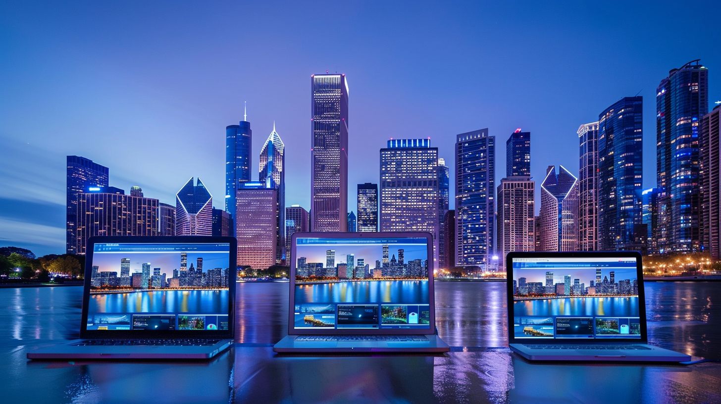 The city skyline is captured on electronic devices displaying a website. The city skyline is captured on electronic devices displaying a website.