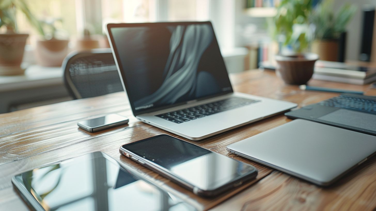 A modern smartphone and tablet on a stylish desk.