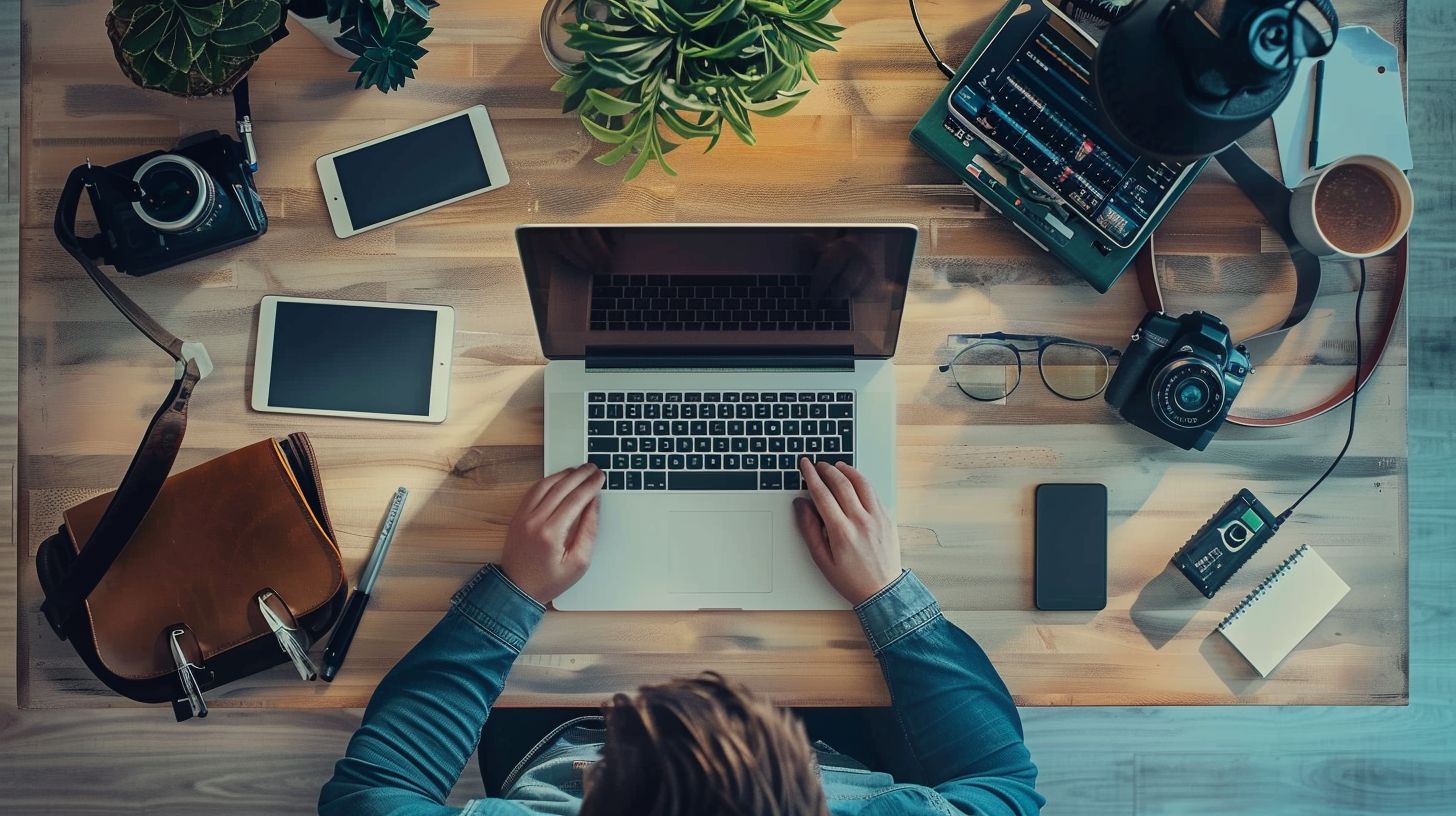 A web designer working on a laptop in a modern office.