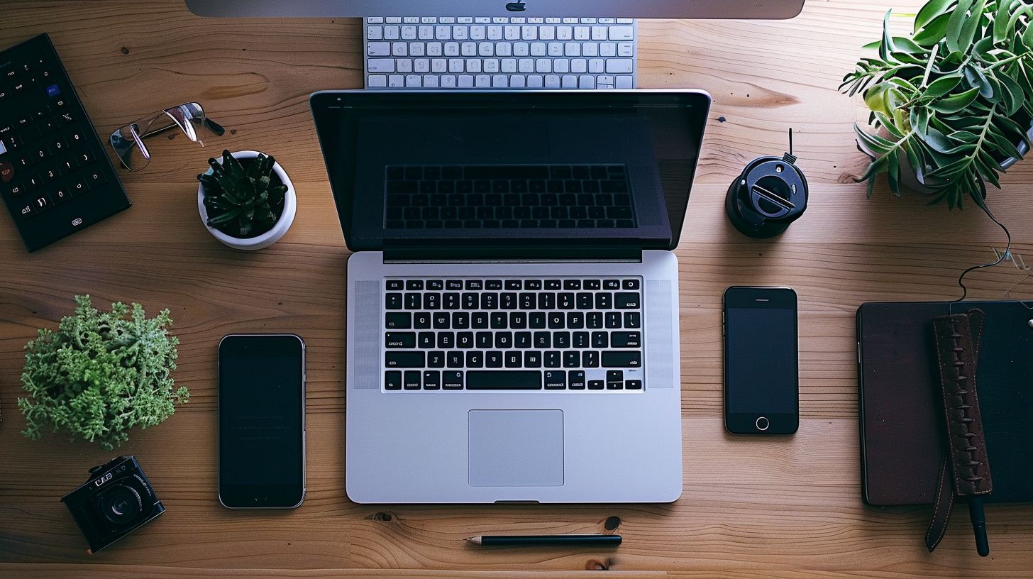 Various devices on a desk with a laptop and smartphone. Various devices on a desk with a laptop and smartphone.
