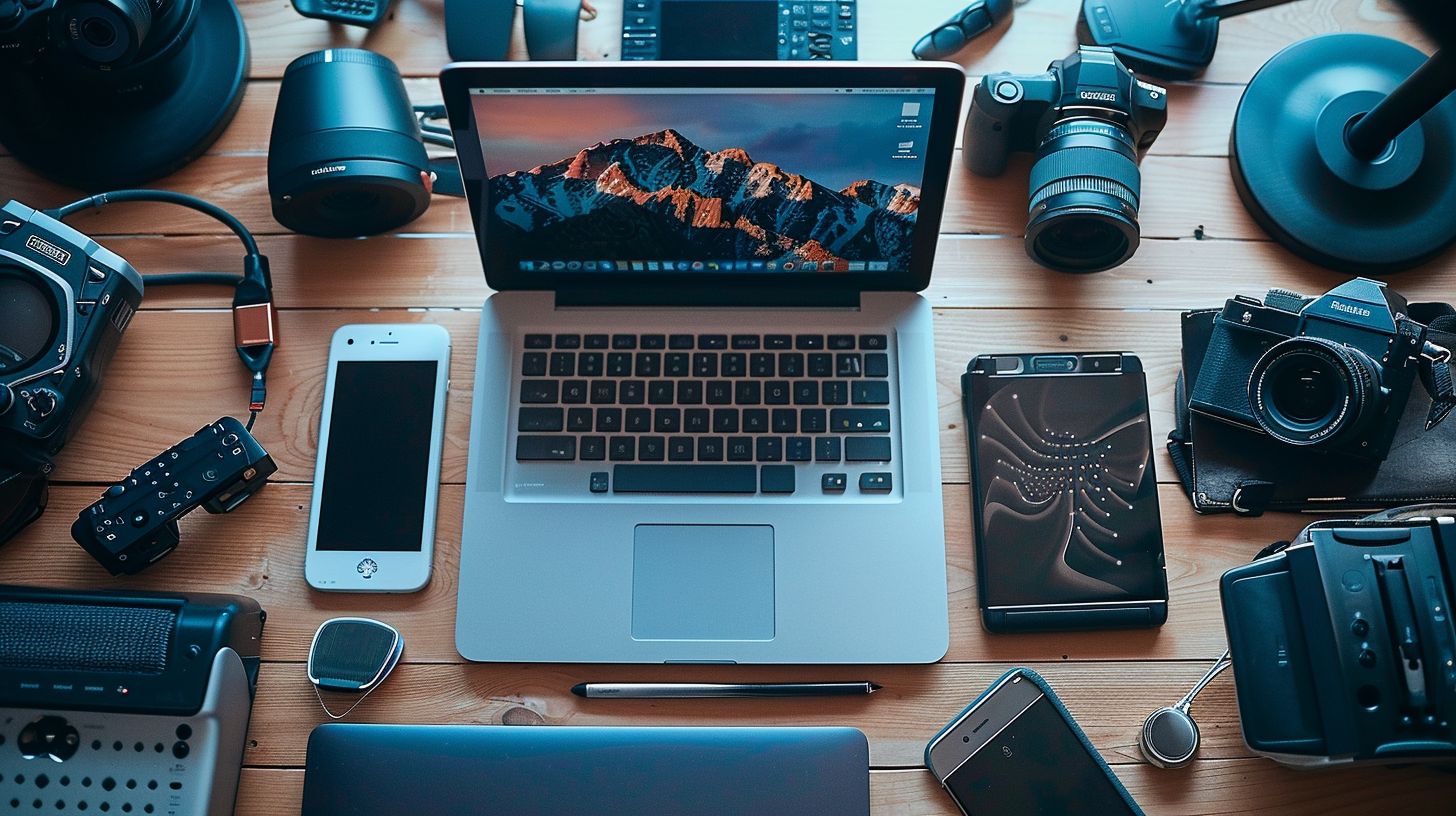 Various devices on a desk with a laptop and smartphone. Various devices on a desk with a laptop and smartphone.