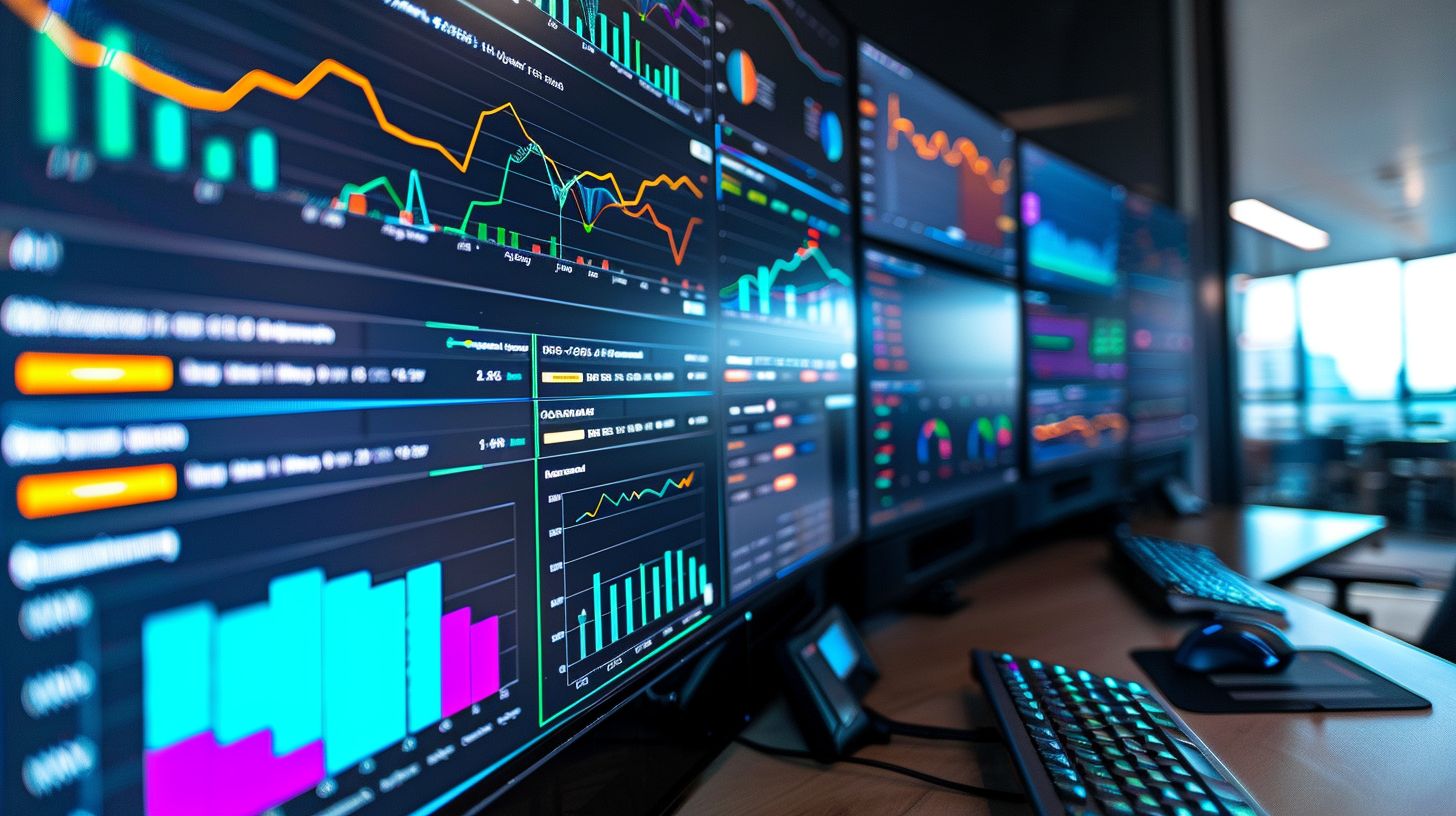 A website analytics dashboard displayed on multiple screens. A website analytics dashboard displayed on multiple screens.