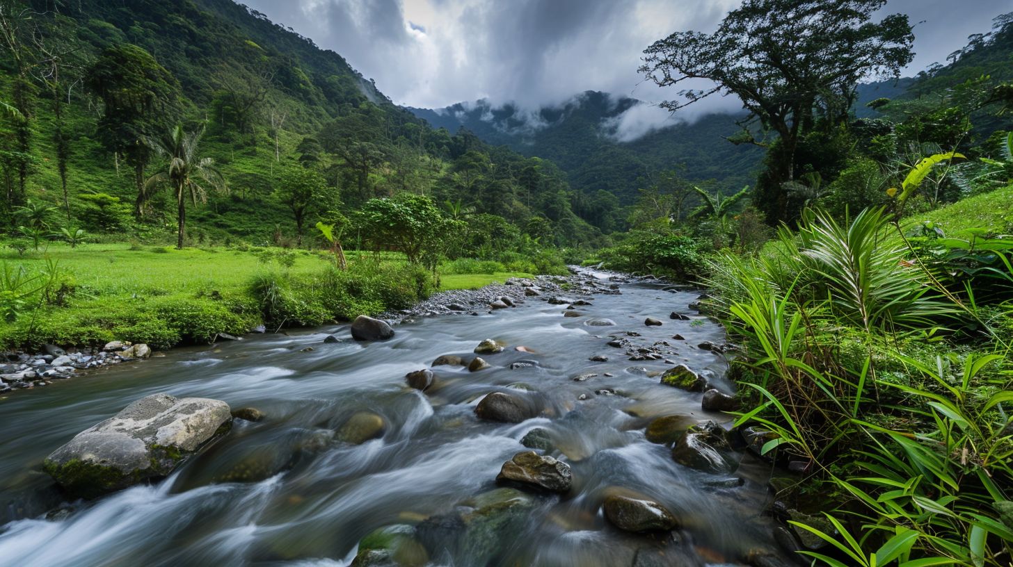 A vibrant landscape with a winding river, captured with a wide-angle lens.
