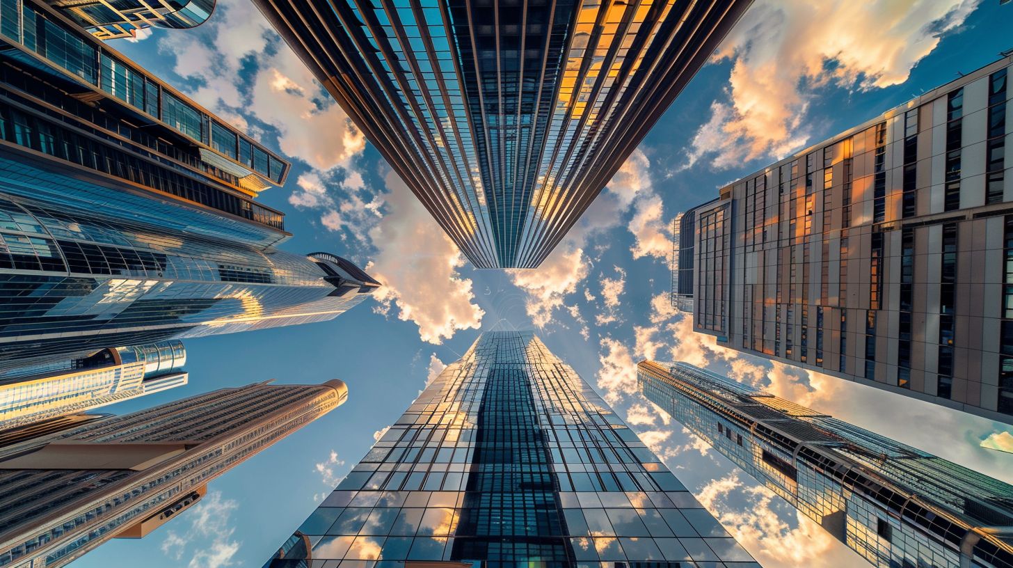 A futuristic city skyline captured using wide-angle lens.