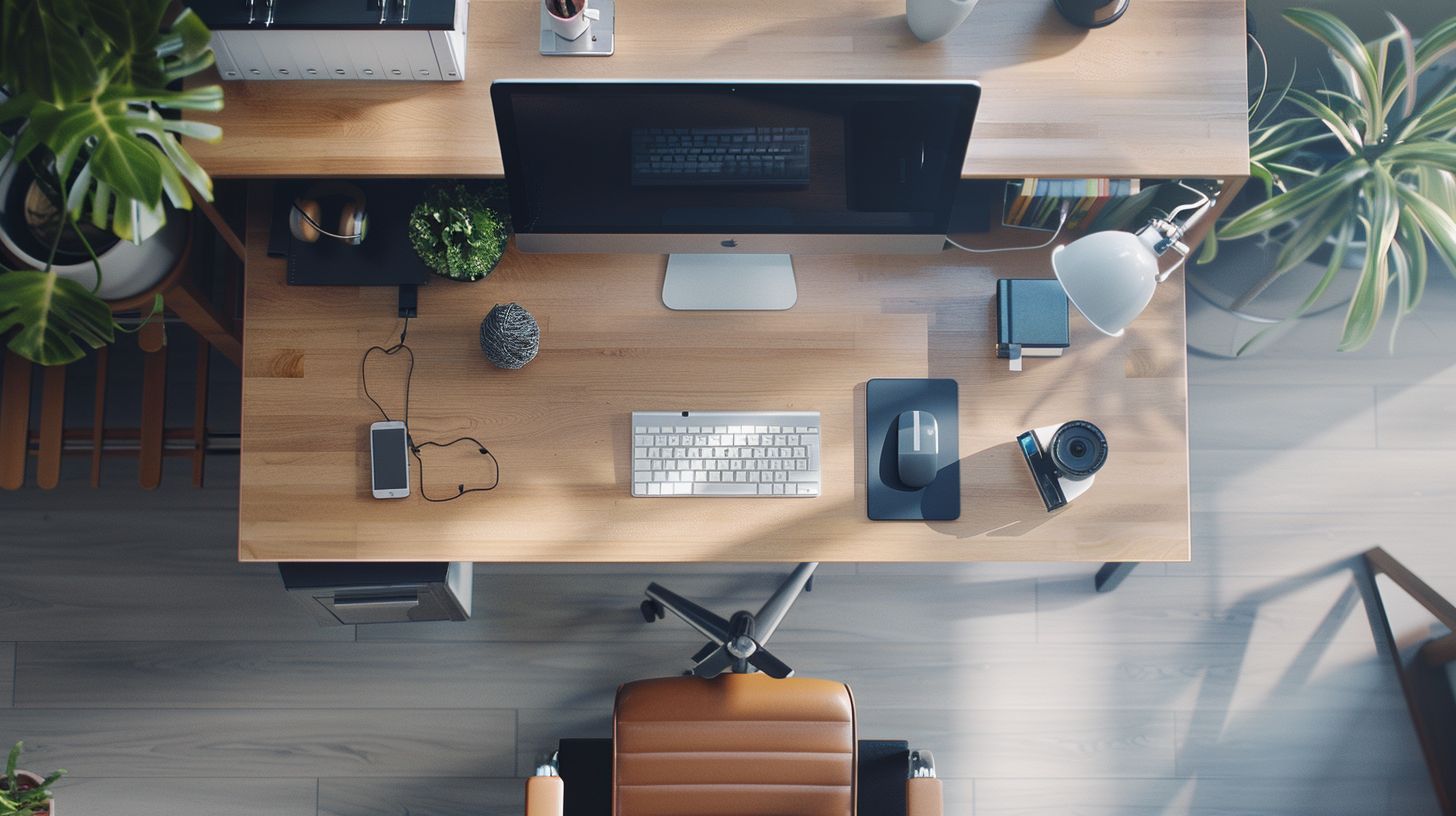 Minimalist desk setup with aerial drone photography displayed on digital interface.