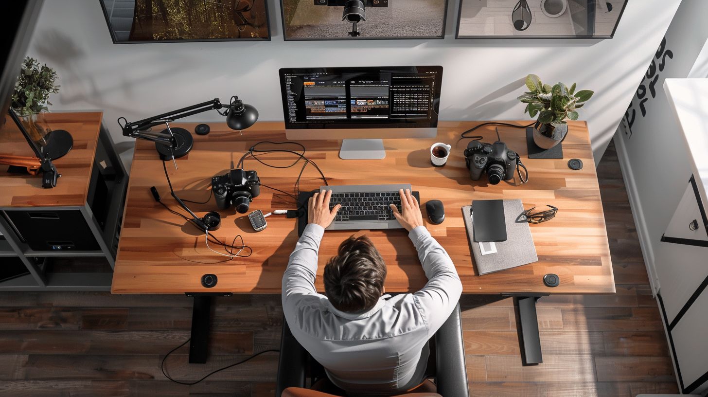 Minimalist desk setup with aerial drone photography displayed on digital interface.