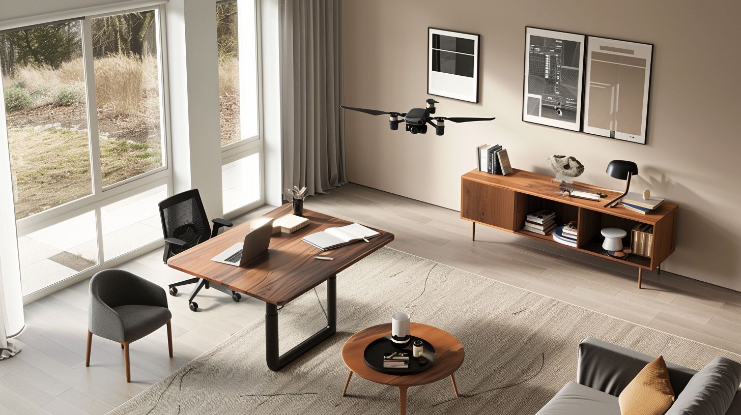 Minimalist desk setup with aerial drone photography displayed on digital interface.