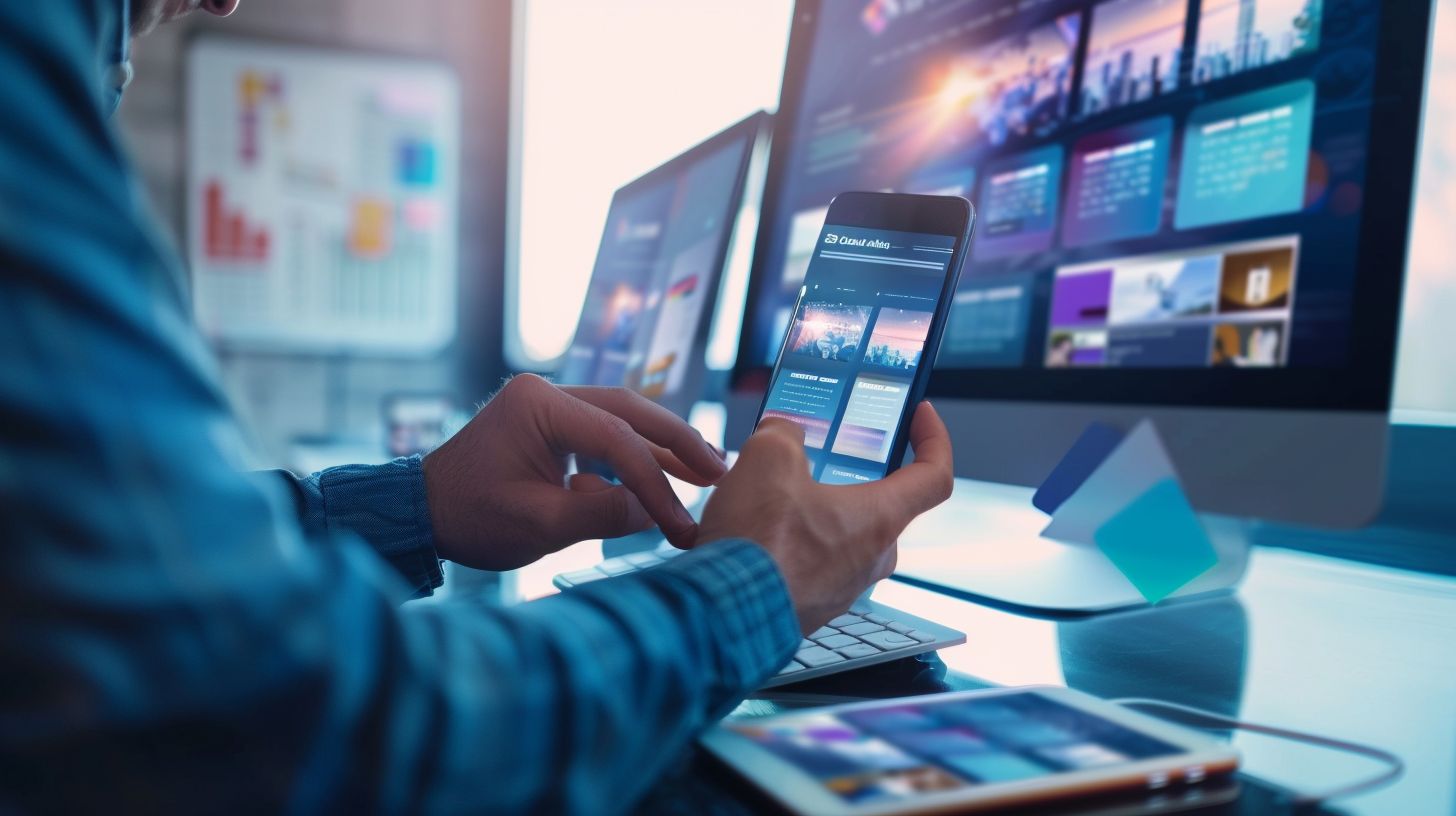 A split-screen view of responsive web design and mobile app interface. A split-screen view of responsive web design and mobile app interface.