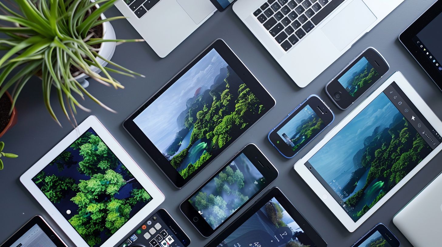 Digital devices displaying responsive website layout with aerial photography captured by drone.