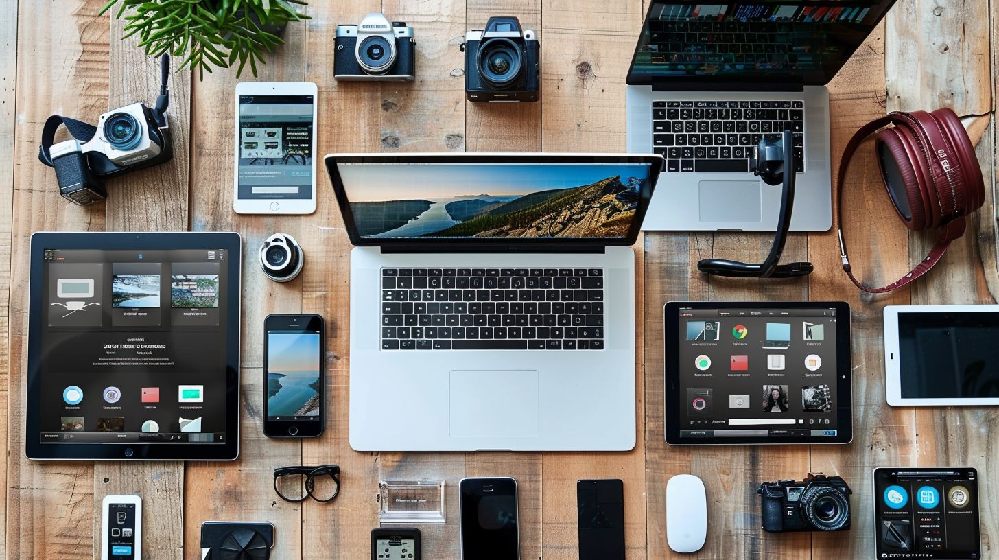 A comparison of a website displayed on different devices, featuring aerial photography.