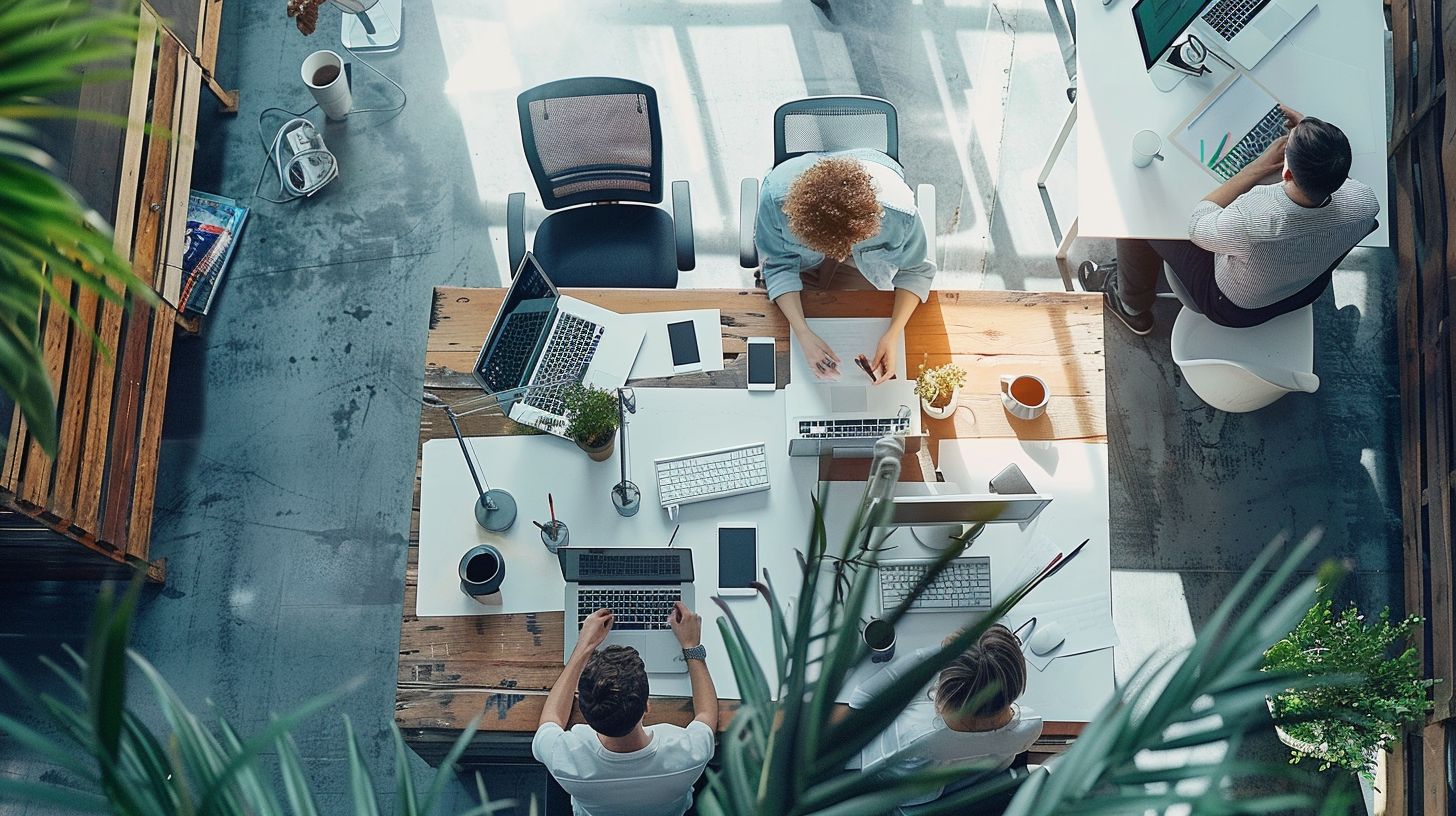 A group of people testing a website on multiple devices in an office setting.