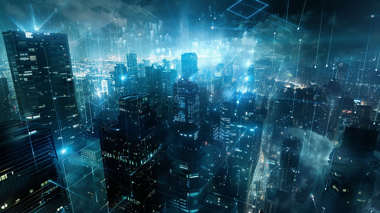 A futuristic cityscape with modern web design elements captured with a wide-angle lens.