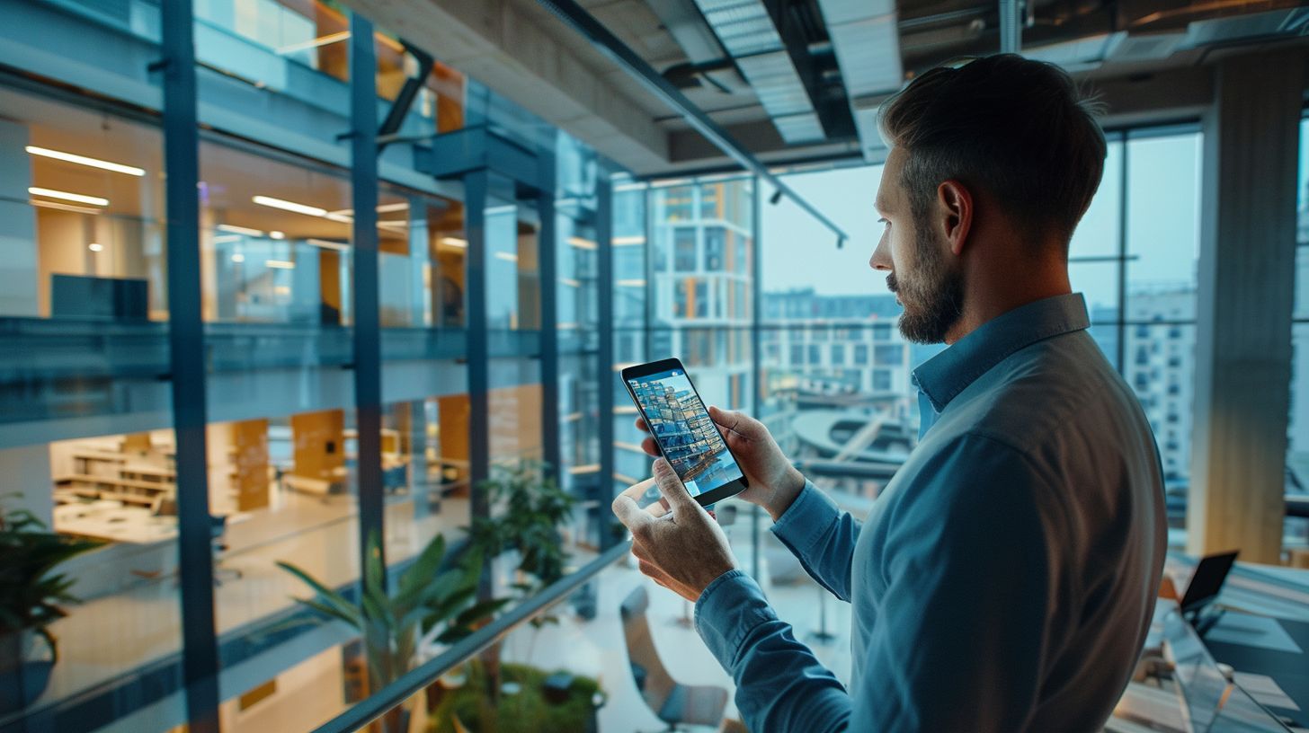 A customer explores a user-friendly app interface in a modern office.