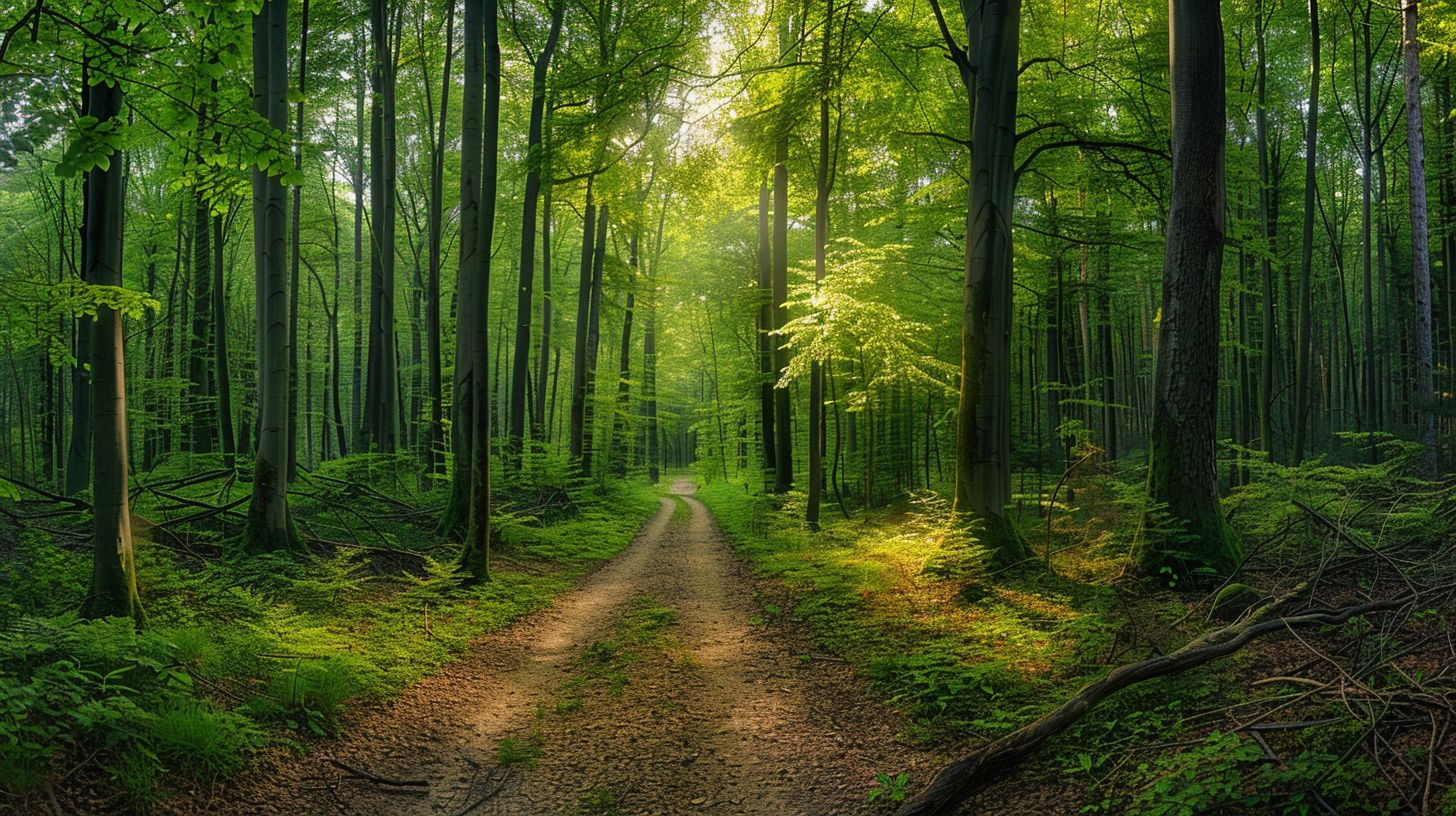 A peaceful forest pathway captured with a wide-angle lens.
