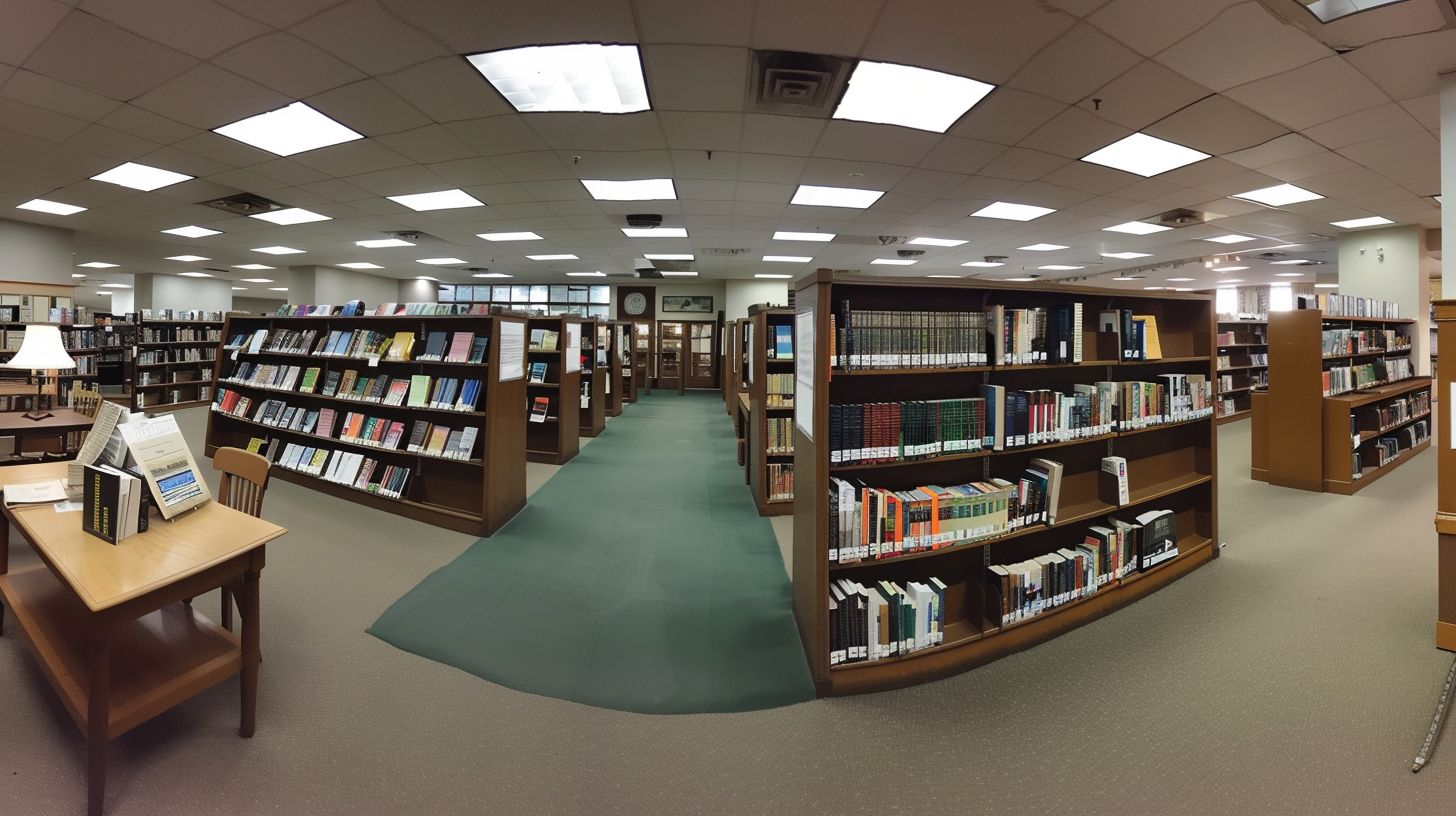 A well-organized and spacious library with labeled shelves and clear signs.