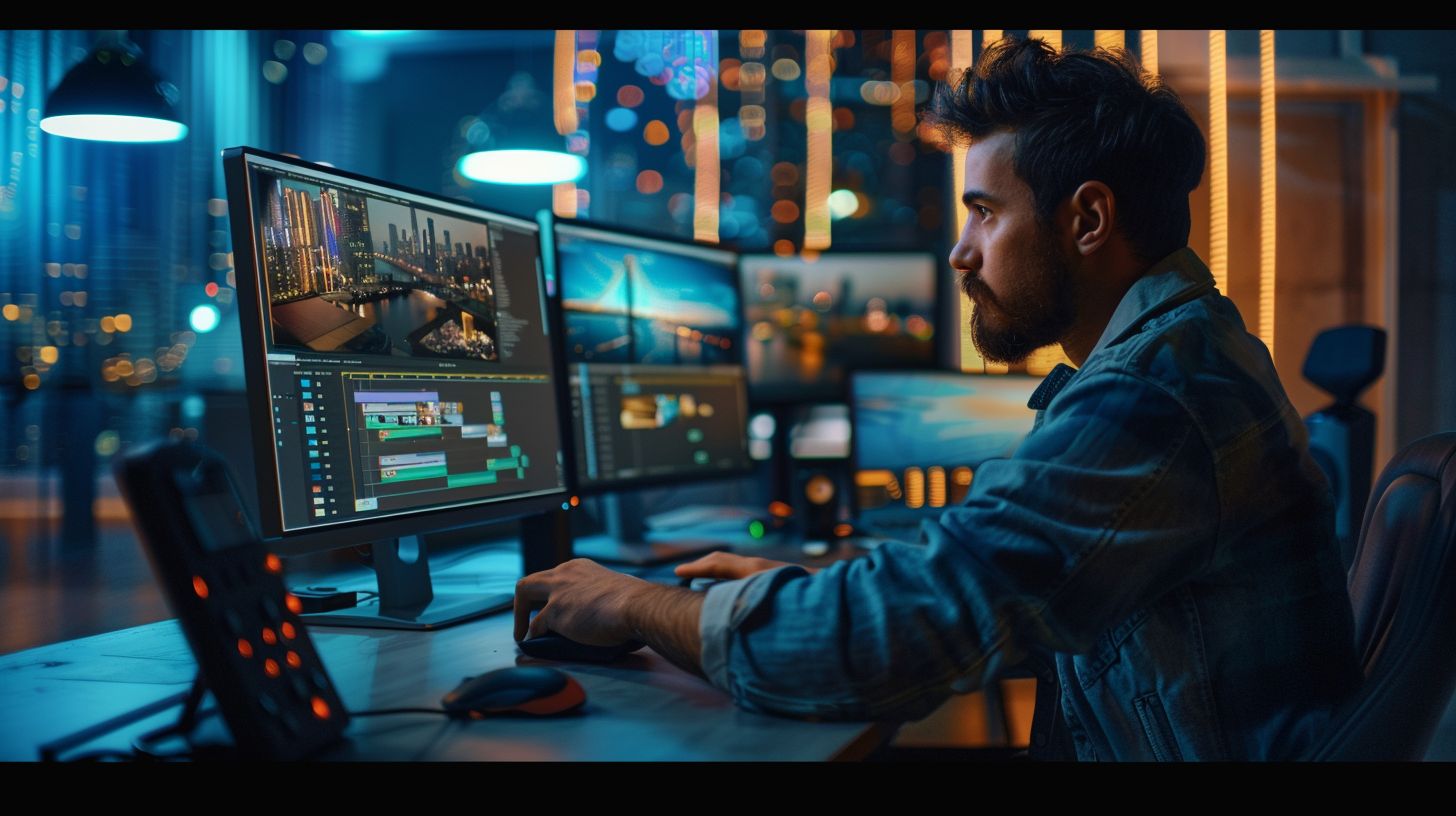 A web designer captures cityscape photography at a modern desk.