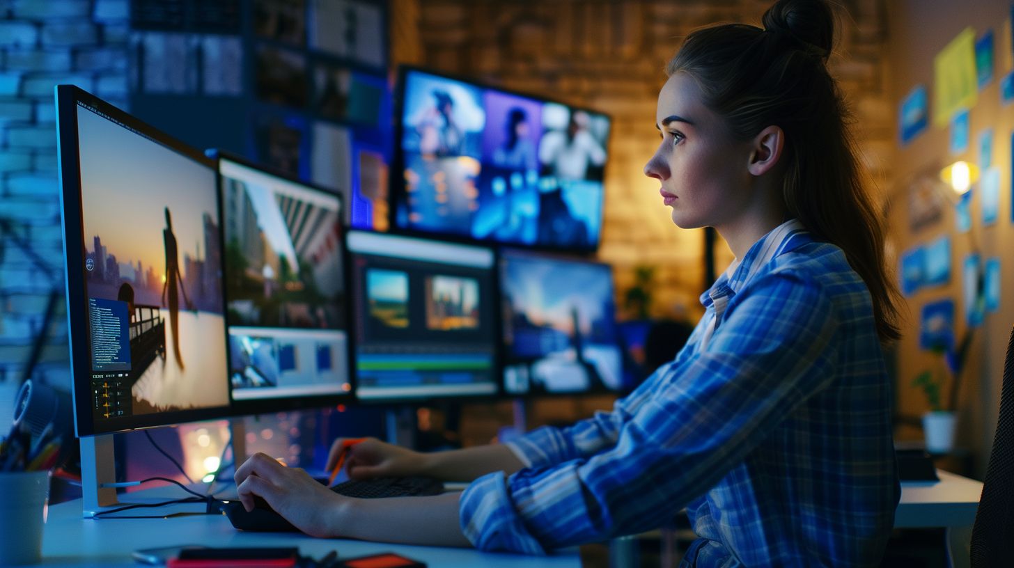 A web designer captures cityscape photography at a modern desk. A web designer captures cityscape photography at a modern desk.