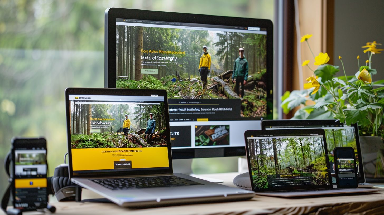 Aerial photography of website displayed on multiple devices with people.
