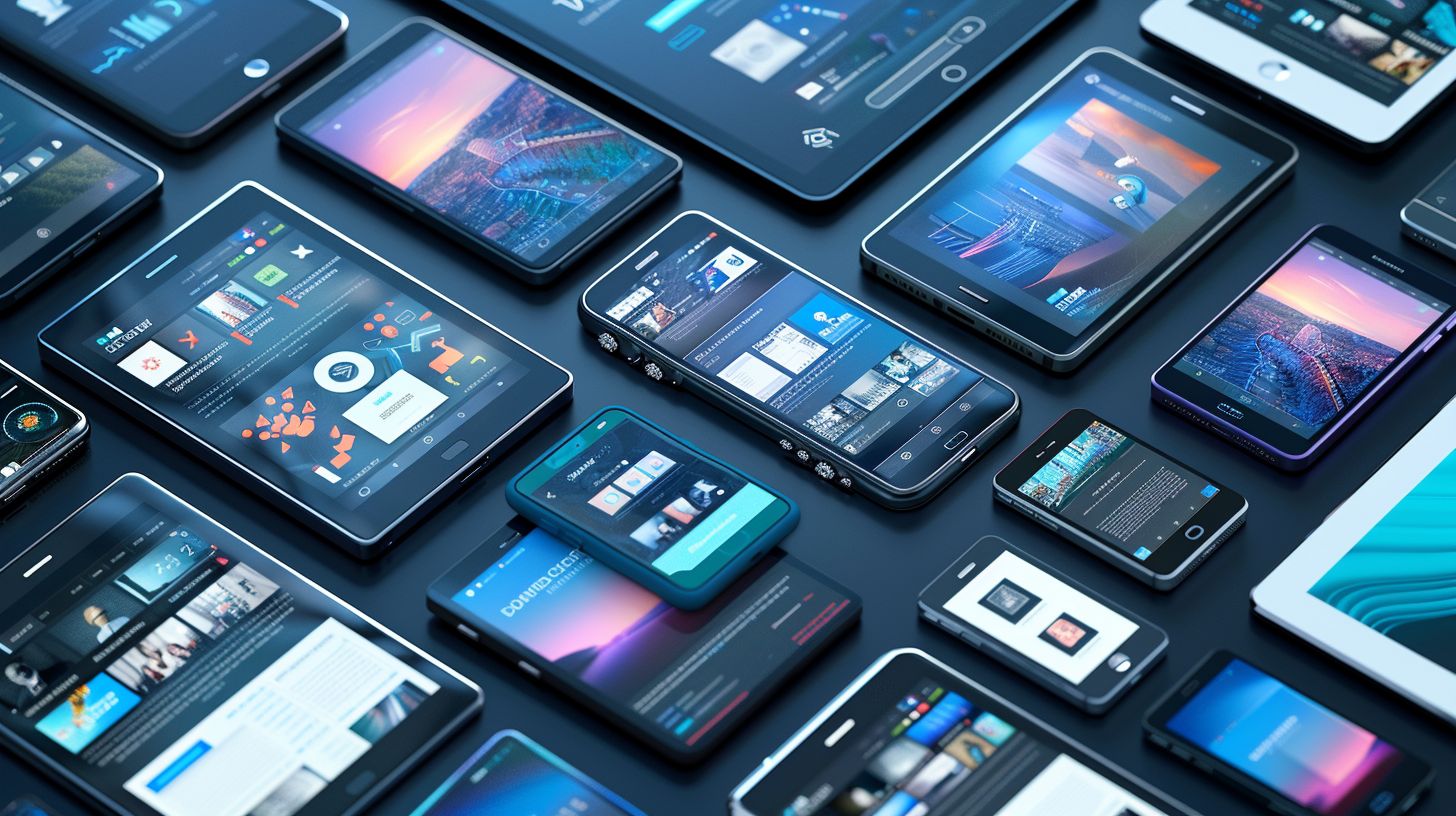Different electronic devices displaying a website, surrounded by various screen sizes. Different electronic devices displaying a website, surrounded by various screen sizes.